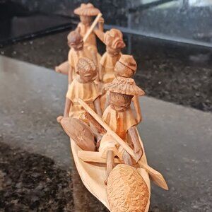 Folk Art Sculpture Carving Ghanaian Boat People (6) Vintage, 12 inches